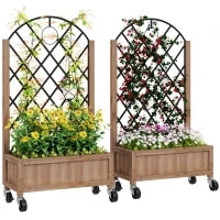 Set da 2 Letti Rialzati con Ruote, Griglia di Supporto, Fioriera a Traliccio in Legno 152x25x97cm Marrone