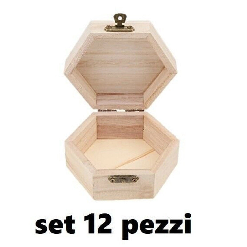 Trade Shop - Set 12 Scatoline In Legno Decoupage Portagioie Scatola Cofanetto Esagonali -