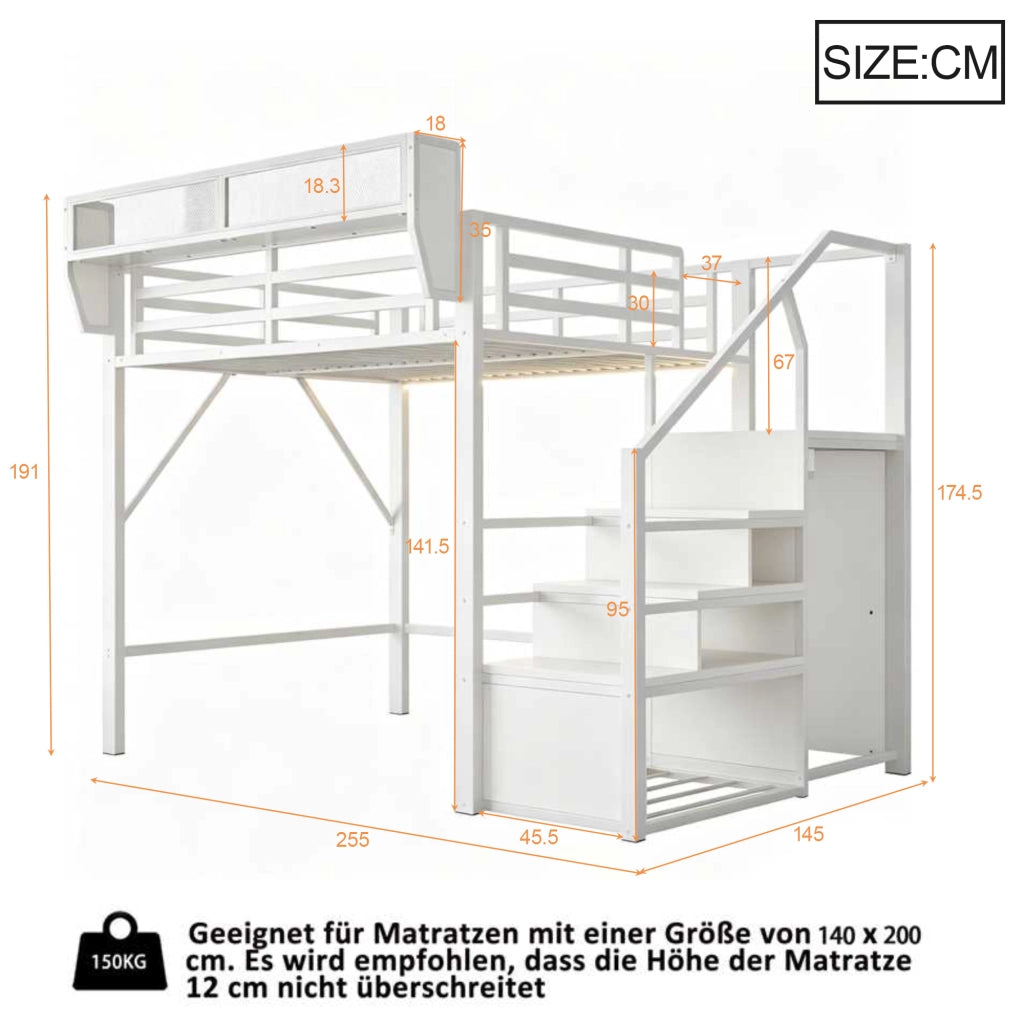 Letto a soppalco 140 × 200 cm con led, scaletta di sicurezza e ripiani, senza materasso, metallo bianco