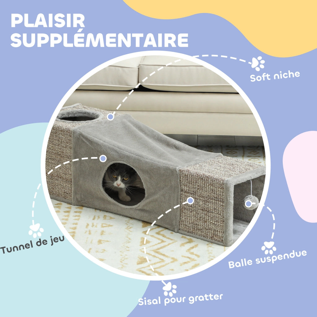 Tunnel per gatti con palla sospesa in sisal ¨C zephmum ¨C 98x30x30 cm grigio