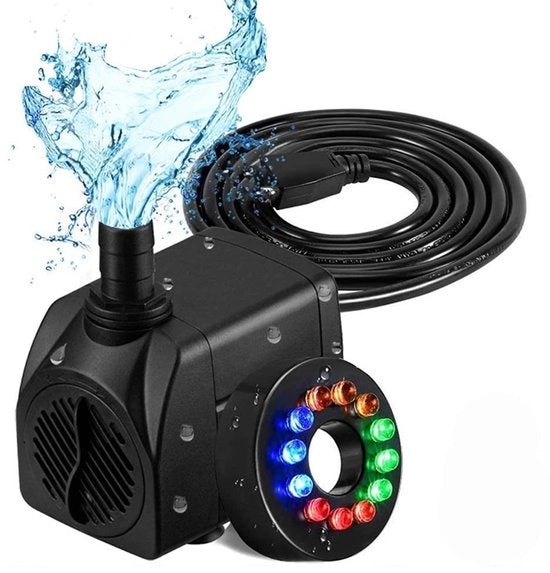 Pompa d'acqua solida 800 l/u - pompa a doppio effetto - ultraleggera - per fontana/giardino/lago - 12 lampade LED - 16 W