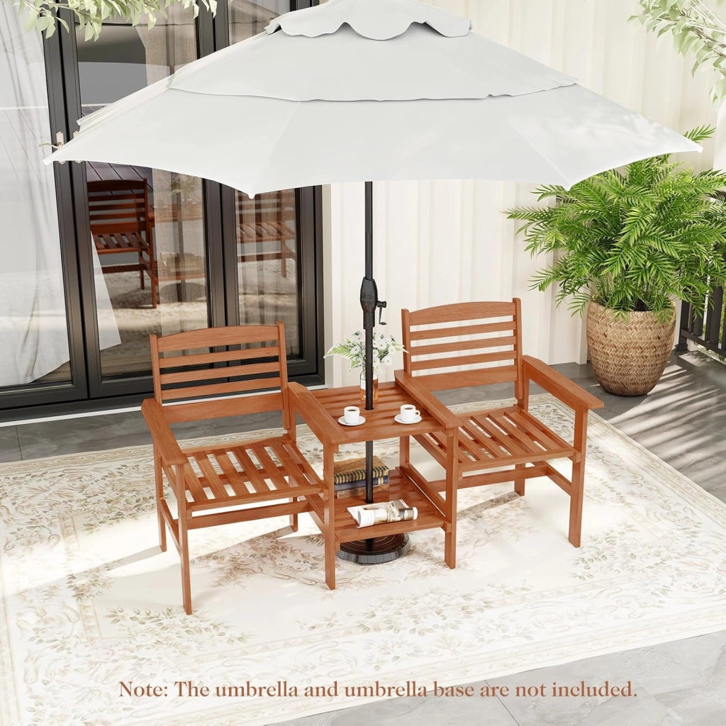 Set di salotto da giardino in un pezzo, in legno massello, 1 tavolo con foro per ombrelloni e 2 poltrone, mobili da esterno per cortile, patio, terrazza, carico 120 kg, naturale
