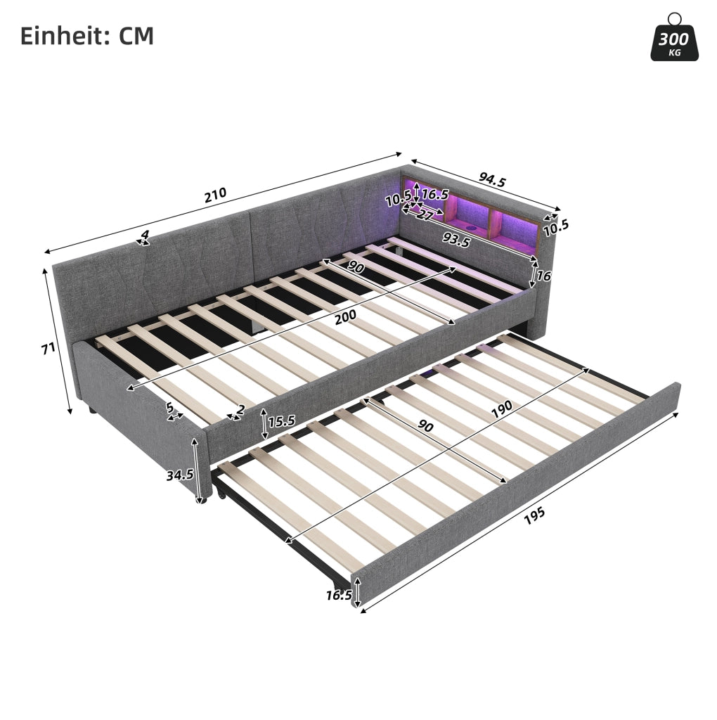 Letto estraibile 90x200 cm grigio con LED, USB-C e vani contenitore