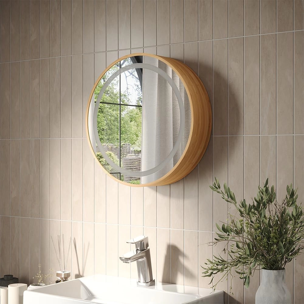 Specchio contenitore bagno Silva, Bambù, 50 x 50 cm con 5 vani portaoggetti, per montaggio a parete con illuminazione LED integrata