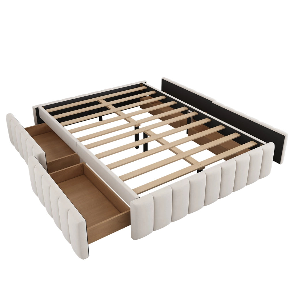 LETTO Imbottito 140x200 cm in velluto beige con 4 cassetti e rete a doghe