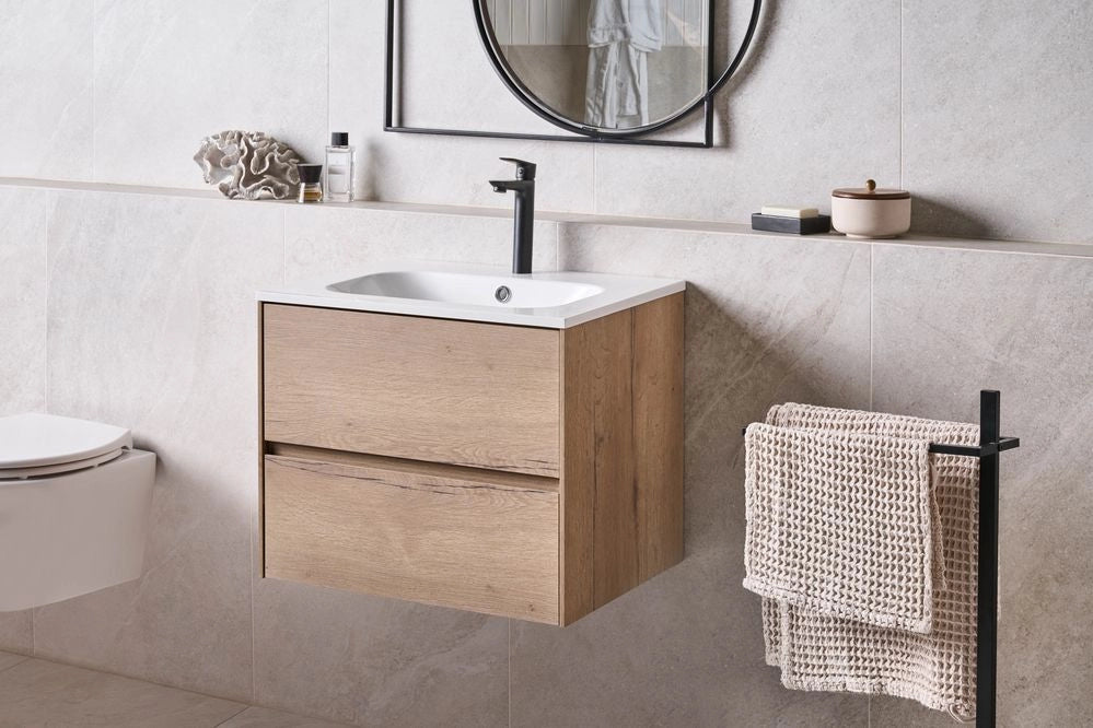 Mobile bagno sospeso con lavabo Frontale in MDF 2 cassetti 60 x 46 cm Marrone chiaro