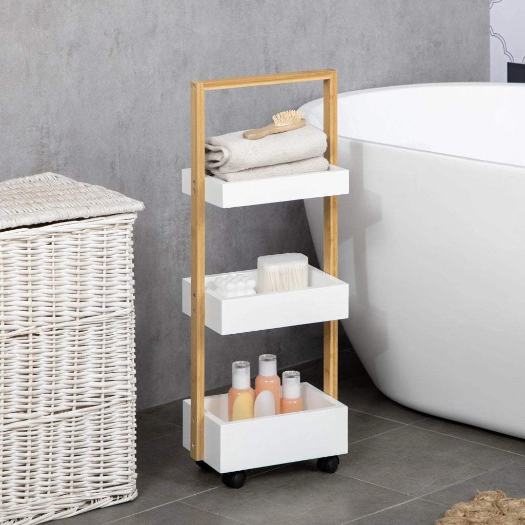 Carrello per Bagno con 3 Cestini e Ruote ¨C Zephmum ¨C Bamb¨´ 28x18x75 cm Bianco