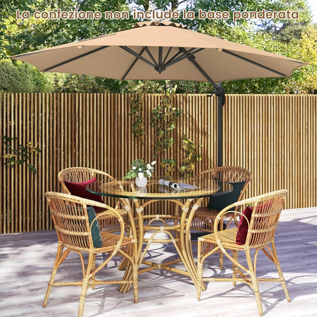 Ombrellone a Cantilever da Giardino 294 cm, Rotazione 360° e 5 Angoli Regolabili, 8 Stecche Base a Croce, Impermeabile, per Cortile Piscina Esterno (Beige)