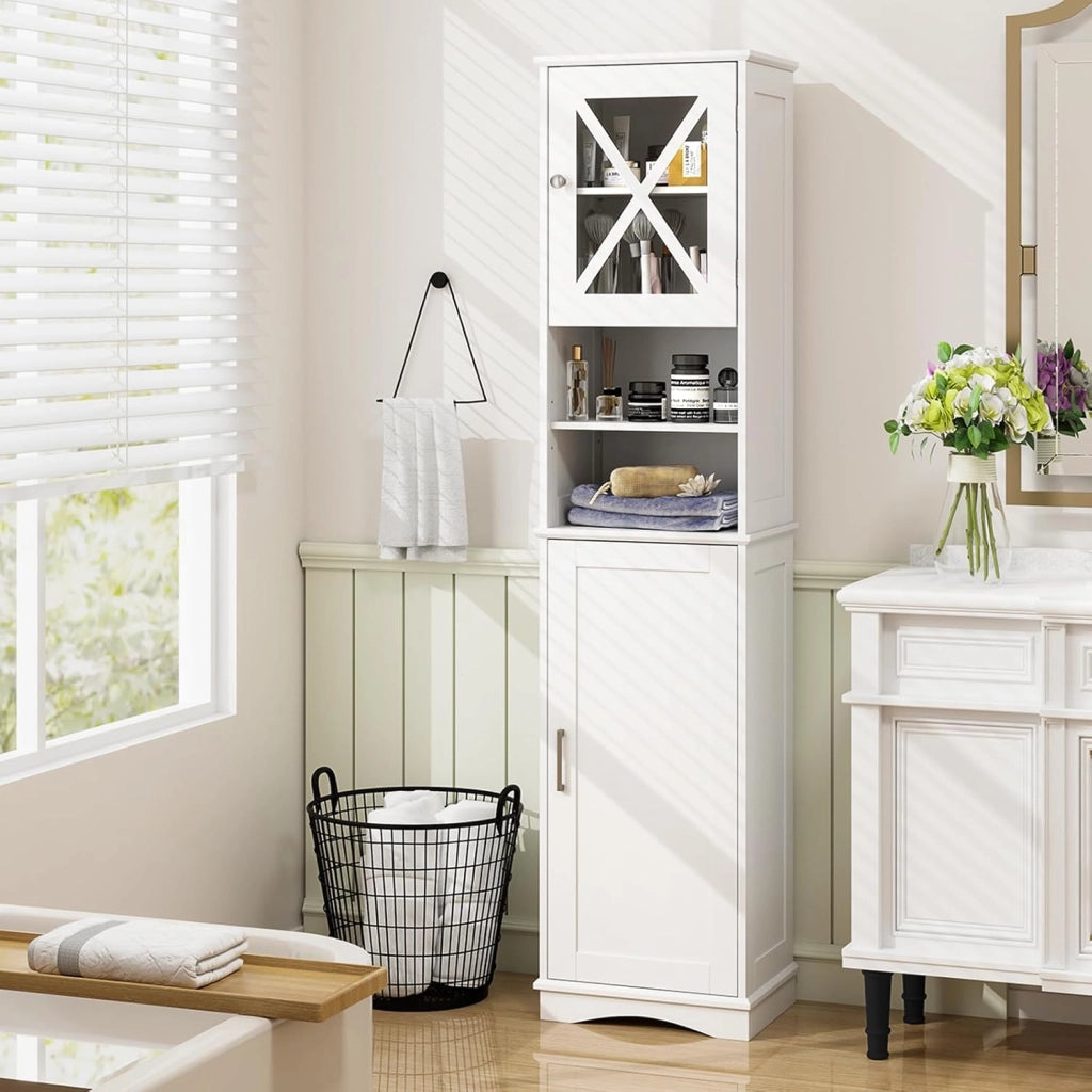 Armadietto da Bagno Slim con 2 Ante, Ripiano Regolabile e 2 Scomparti Aperti, Mobile Alto per Bagno e Soggiorno, Moderno，2 Colori
