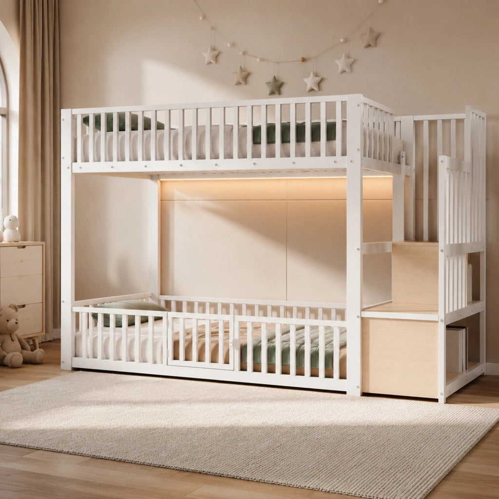 Letto a castello due posti 90 × 200 cm con scala contenitore e LED in MDF e metallo bianco