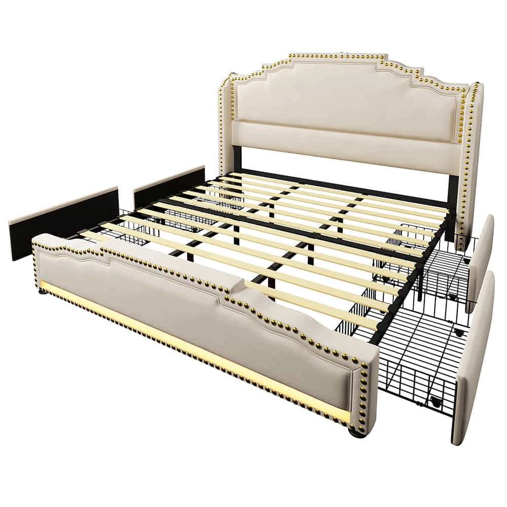 Letto matrimoniale-Xylo-180x200 cm-4 cassetti, LED, USB-C, velluto beige, senza materasso