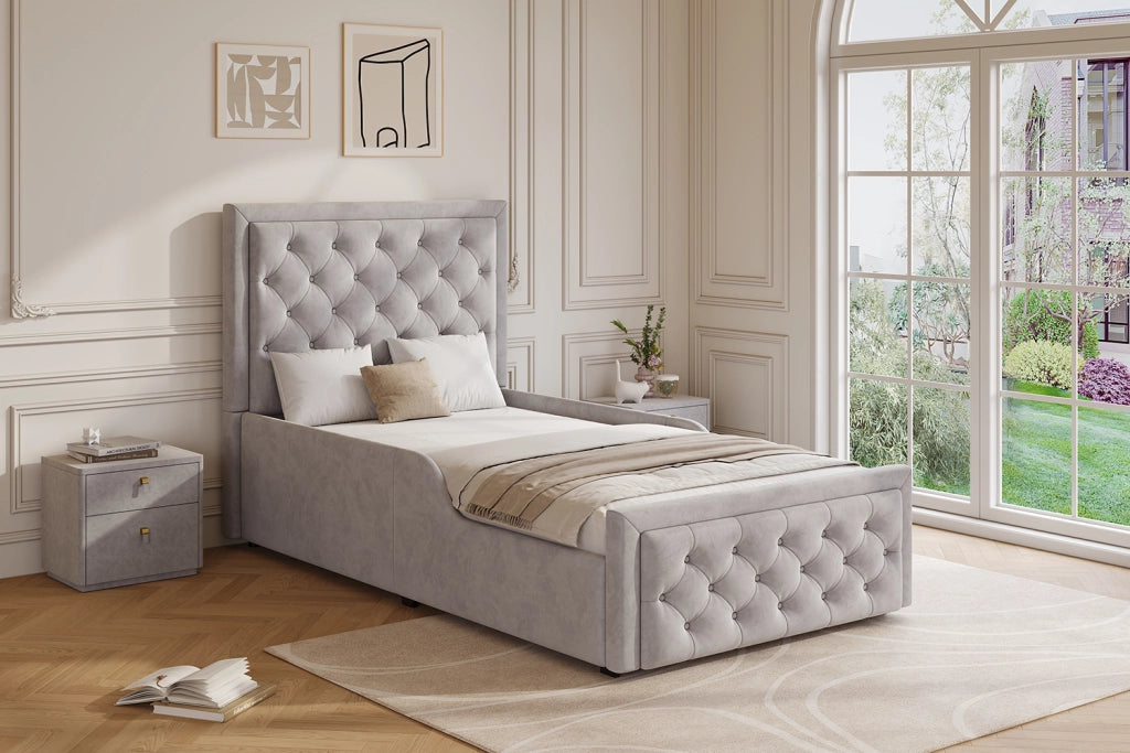 Letto per bambini 90 × 200 cm con contenitore idraulico, testiera imbottita, senza materasso, velluto grigio