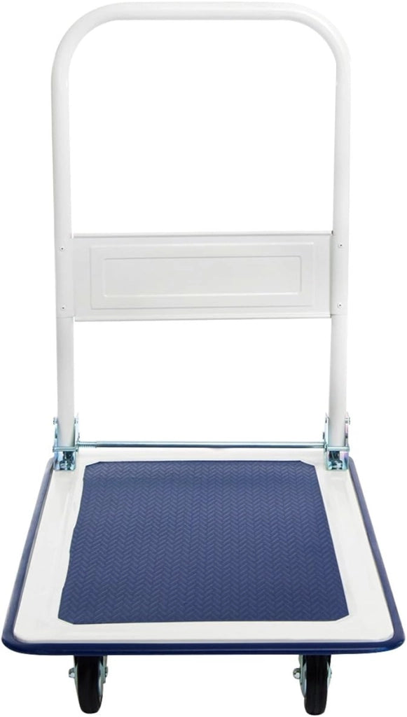 Carrello Pieghevole per Trasporto, Carrello Pieghevole con Piattaforma con Ruote Girevoli a 360°, Capacità di Peso 150 kg, per Garage, Magazzino (Blu + Bianco)