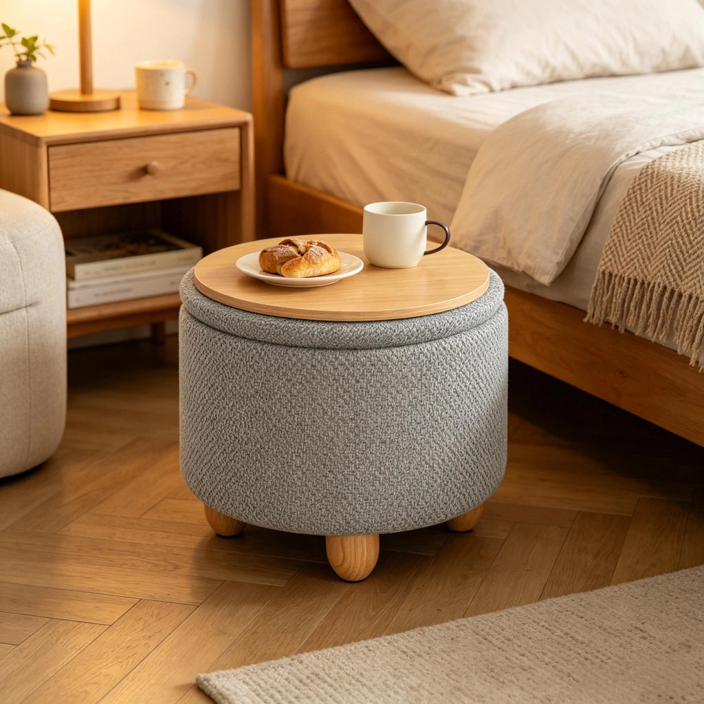 Pouf contenitore rotondo con seduta imbottita e vassoio in legno per soggiorno in lino, MDF e pino grigio chiaro