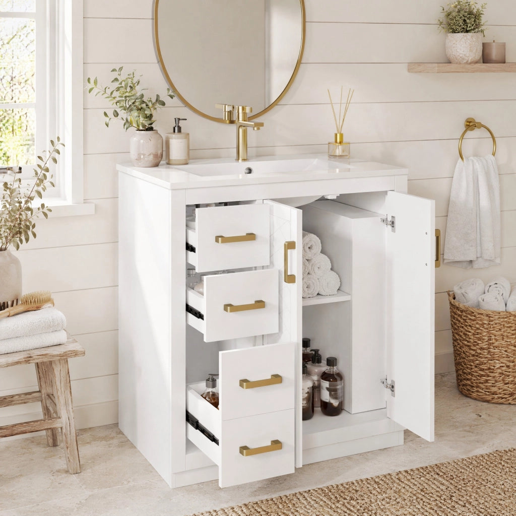 Set di 2 mobili sottolavabo con lavabo in ceramica 2 cassetti 2 ante MDF e metallo bianco 76,5 × 46,5 × 84,5 cm