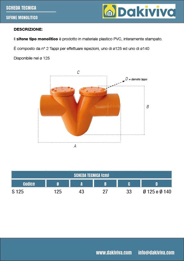 Sifone monolitico in pvc : Diametro - 125