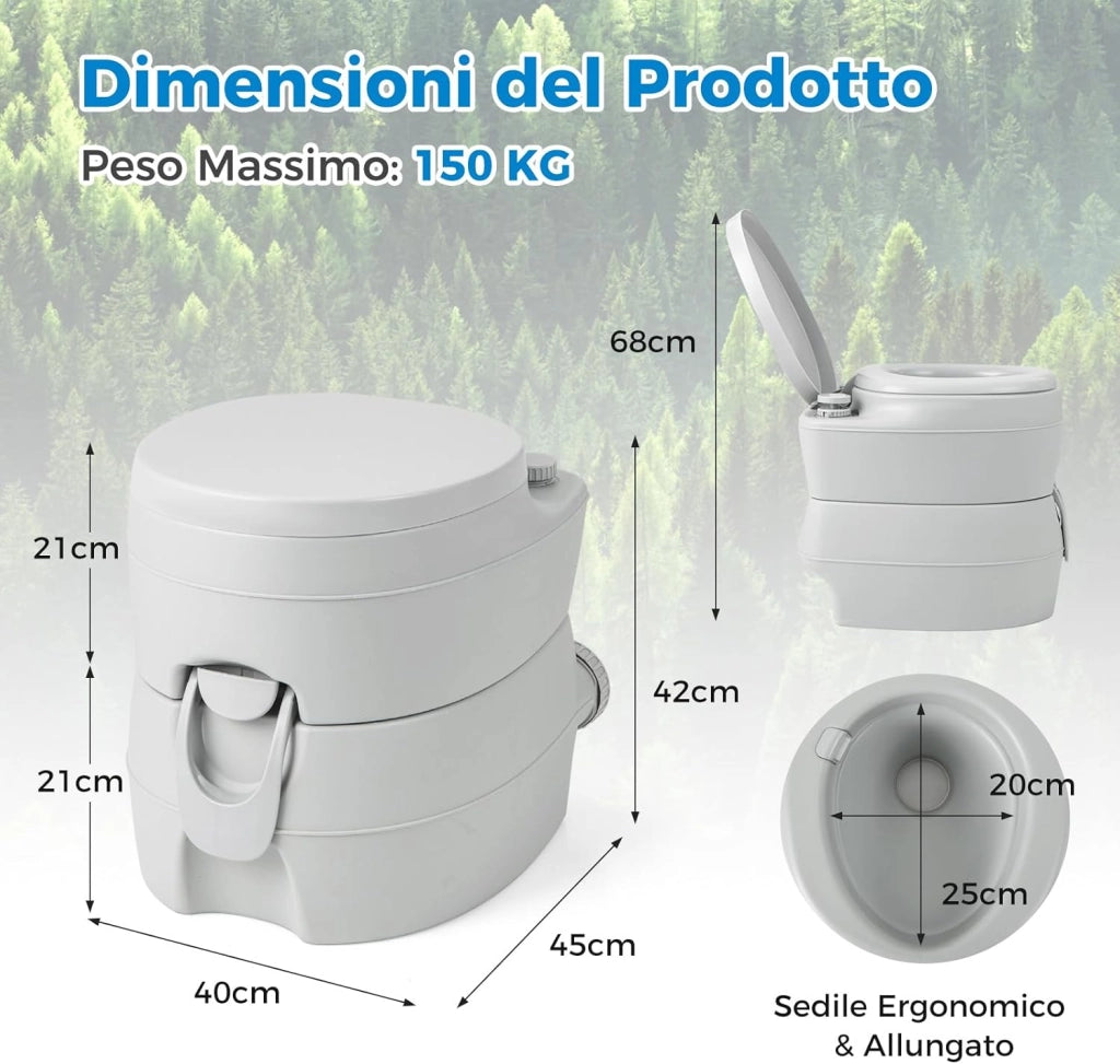 20L Toilette Portatile con Serbatoio d'Acqua Rimovibile a Maniglia, WC Chimico Comodo per Campeggio, Water Portatile per Adulti e Anziani, Supporto Carico 150kg, 45 x 40 x 42 cm