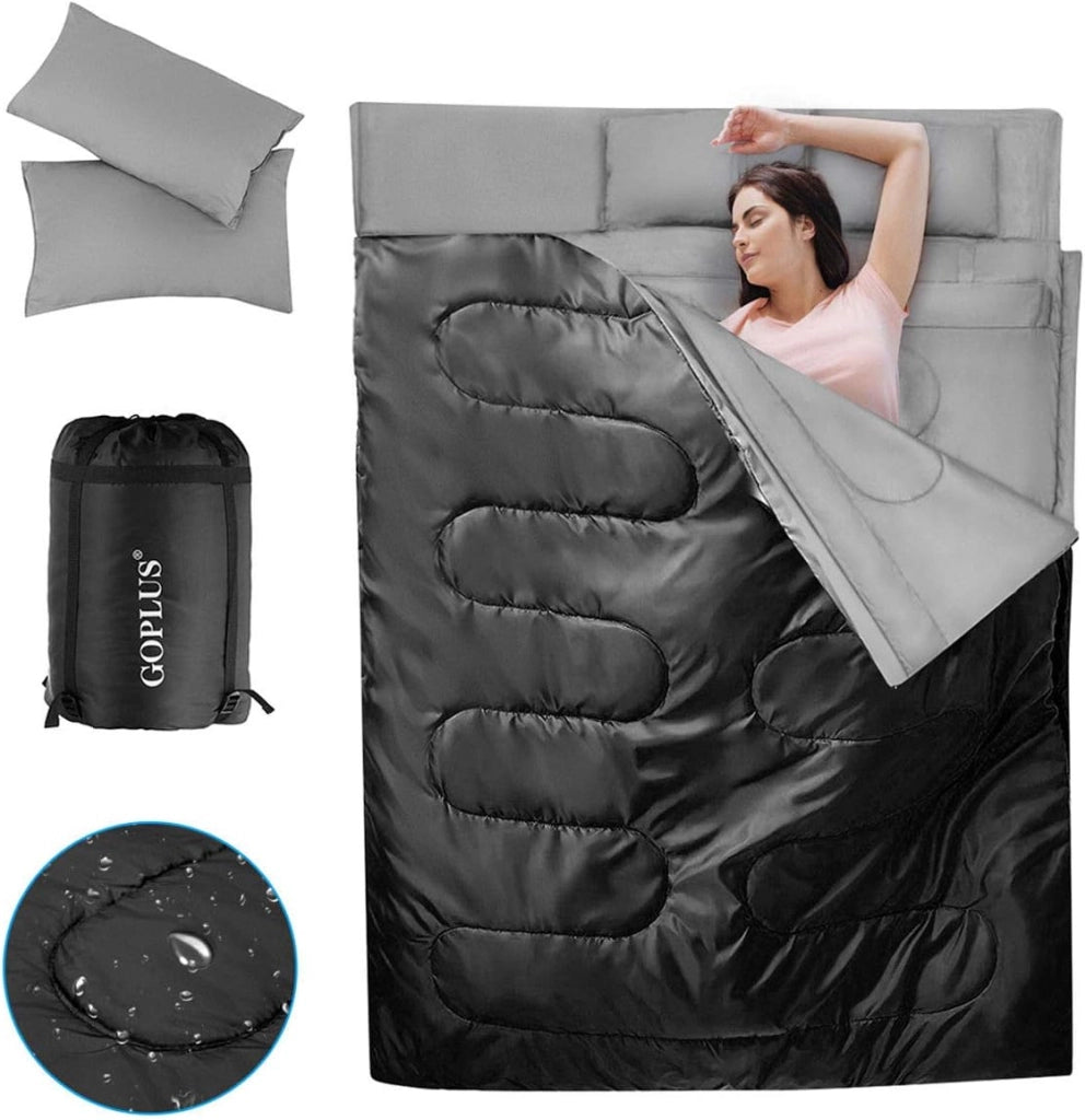 Sacco a Pelo Matrimoniale, Sacco a Pelo XL Matrimoniale per 2 Persone, con 2 Cuscini, per Campeggio, Escursionismo, attività all'Aria Aperta, 220 x 150 cm(Nero)