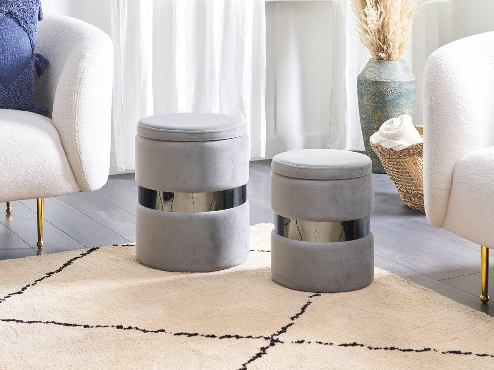 Set di 2 pouf contenitivi Poggiapiedi con rivestimento in velluto di poliestere Grigio Stile Glam