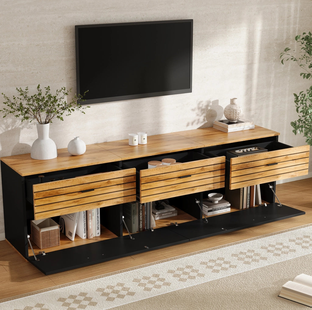 Mobile TV 168x38x59 cm con 3 cassetti e 2 ante a ribalta in MDF e truciolato naturale e nero