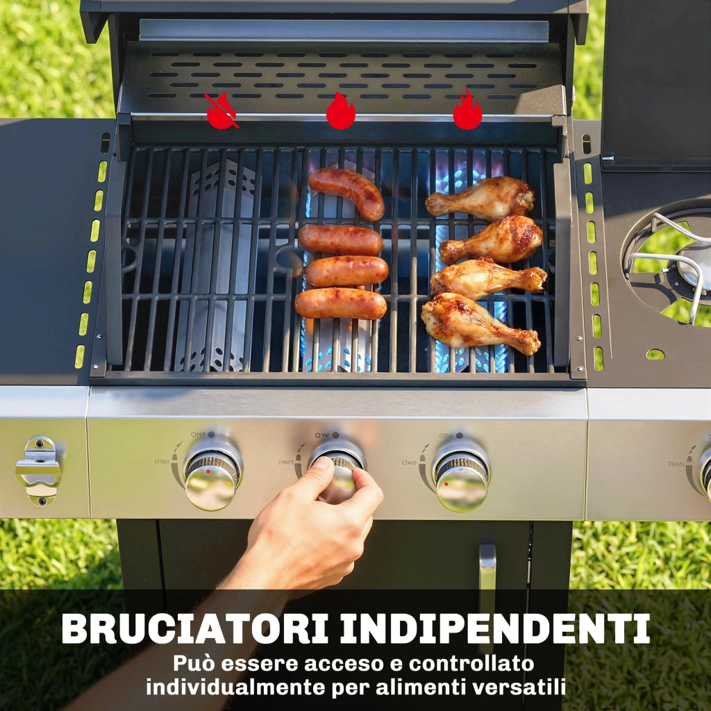 Barbecue a Gas 109x50x109 cm con 3 Fuochi e Bruciatore Laterale in Acciaio Inox e Metallo Nero