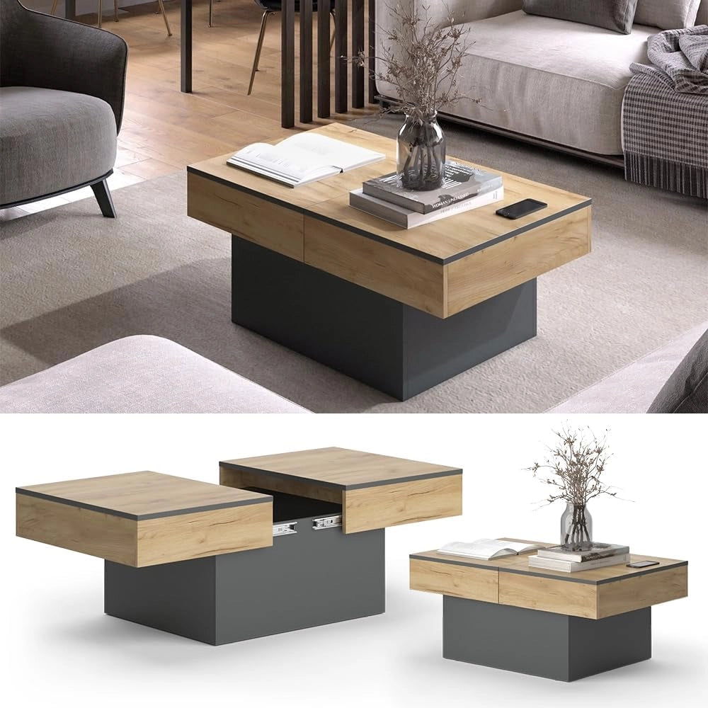 Tavolino Boto, Antracite/quercia dorata, 95 x 58 cm Estensibile, estendibile e pieghevole per un utilizzo flessibile negli ambienti domestici