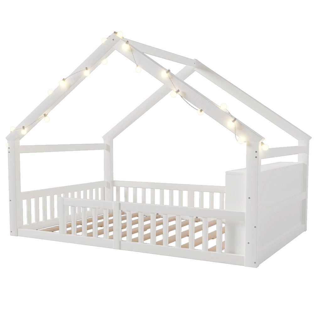Letto Bambini a Casetta con LED ¨C Xylo ¨C Pino Bianco, 140x190 cm, senza Materasso
