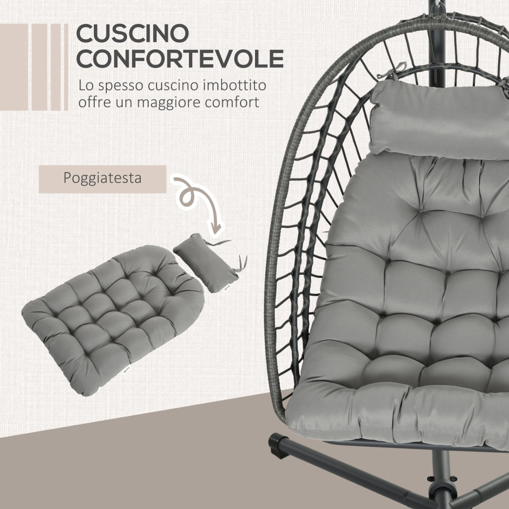 Dondolo Pensile da Giardino in Rattan PE con Cuscino Seduta Pieghevole e Struttura in Acciaio Grigio
