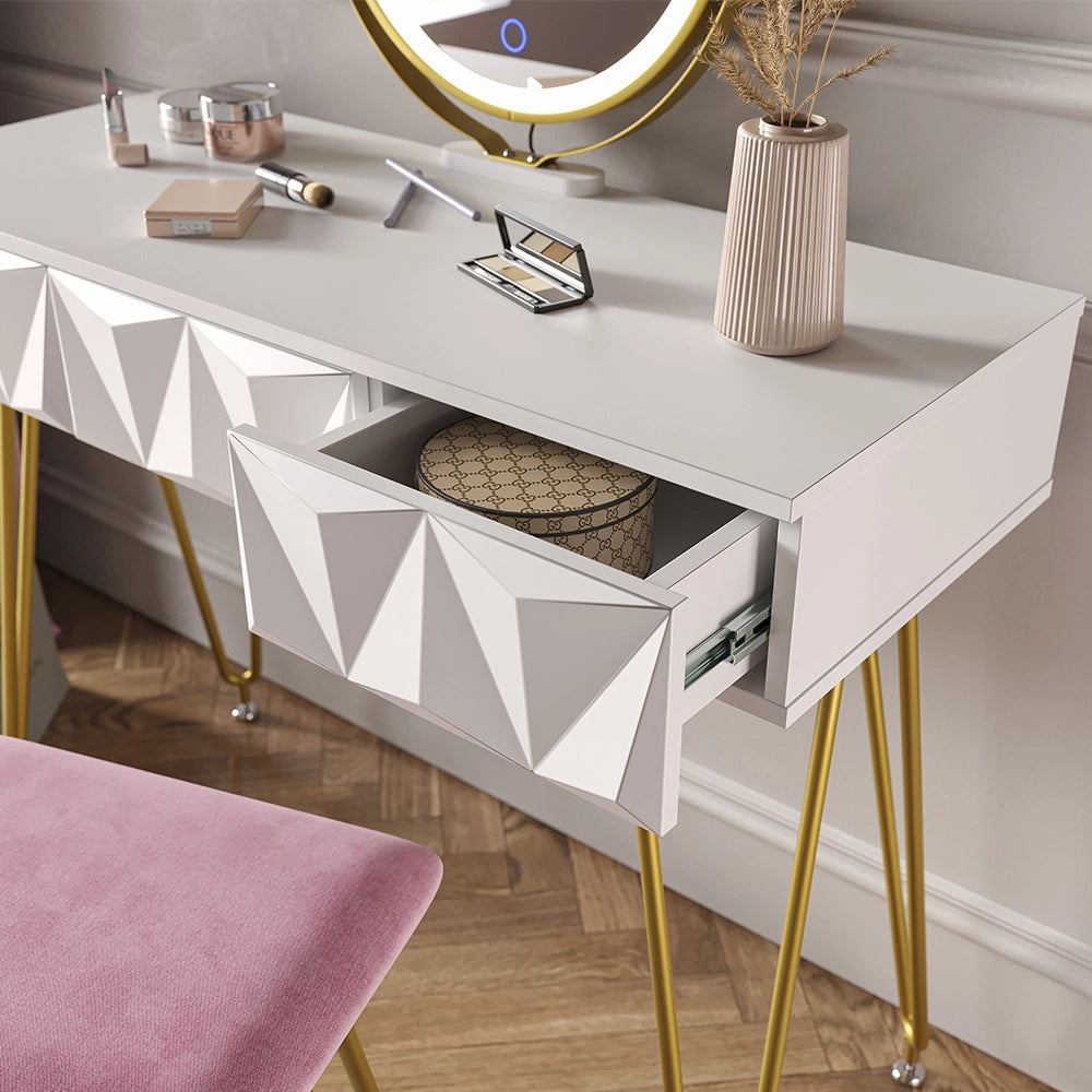 Vicco Tavolo da toeletta Bianco 100 cm con illuminazione LED e sgabello