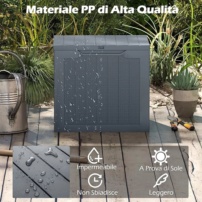 Baule da Esterno 96 L, Cassapanca Contenitore con Coperchio Bloccabile e Tessitura in Vimini, per Giardino e Cortile, 56 x 41 x 50,5 cm (Grigio)