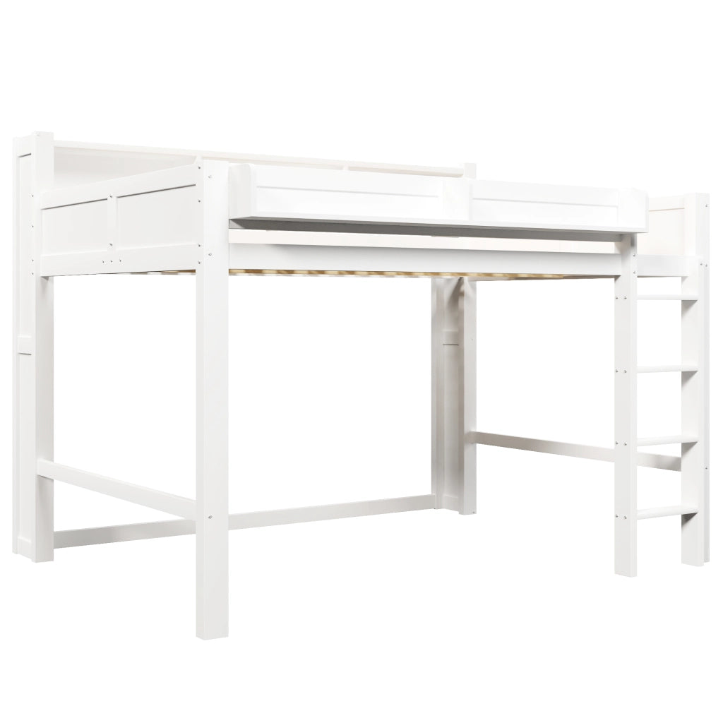 Letto a soppalco 140x200 cm, letto per bambini in legno, con vano portaoggetti, illuminazione a LED, porta USB, bianco