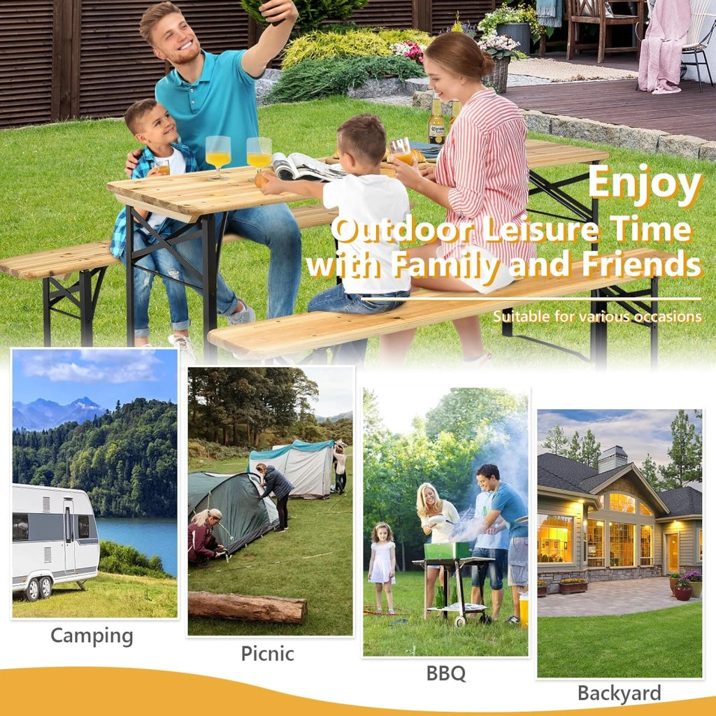 Tavolo da campeggio con sedie, pieghevole, con 1 tavolo da birra e 2 panche, tavolo da picnic pieghevole e salvaspazio, set da giardino, 176 x 46 x 76 cm, portatile per esterni, campeggio