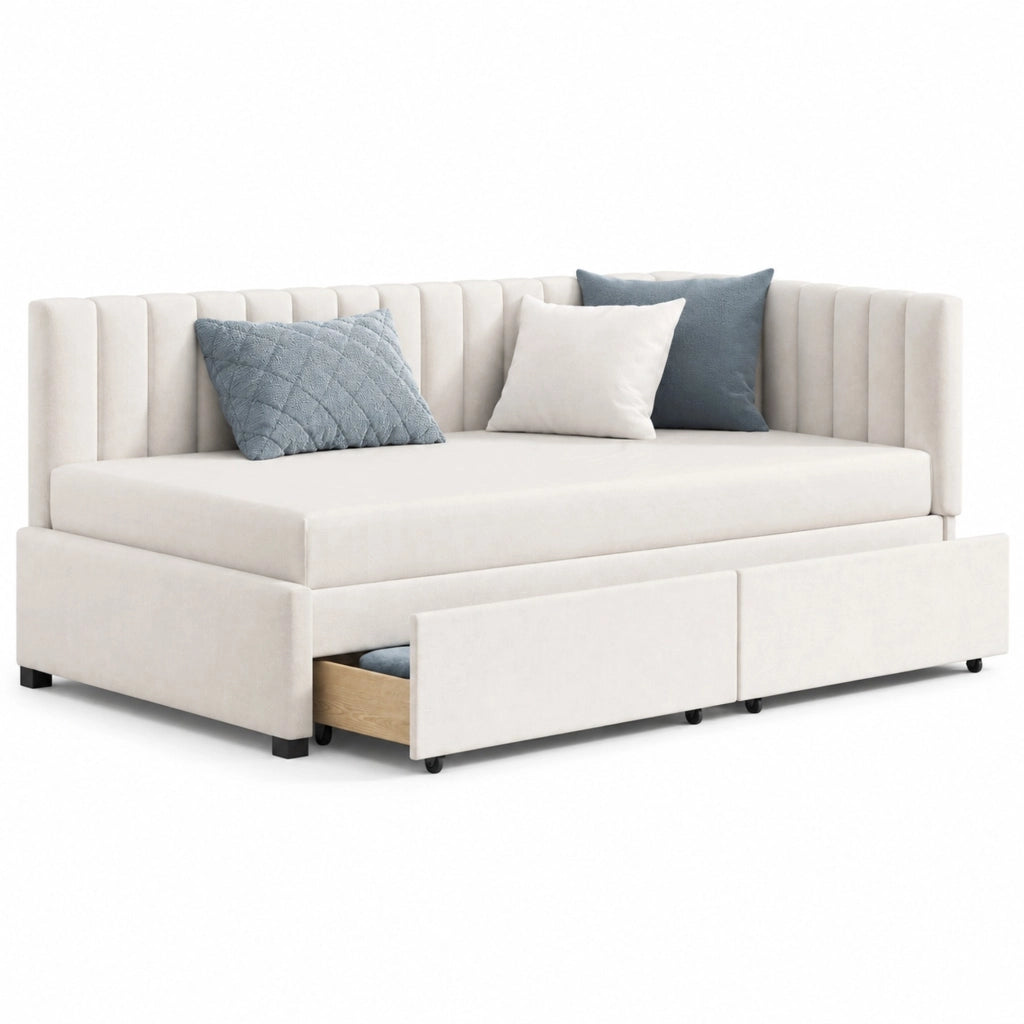 Letto da giorno imbottito 90x200 cm con 2 cassetti e rete a doghe; velluto beige