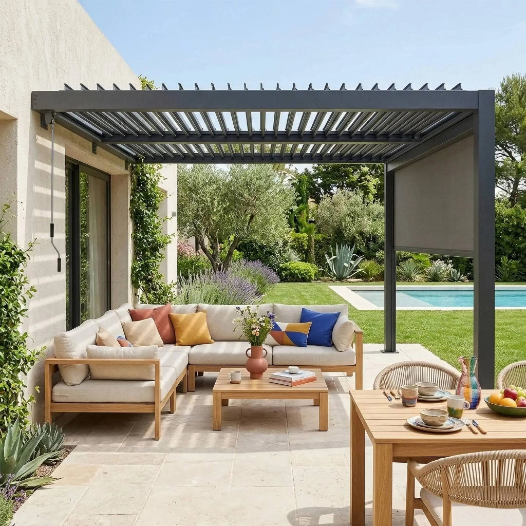 Pergola bioclimatica in alluminio addossata 3x3m + 1 tenda 3m palace,