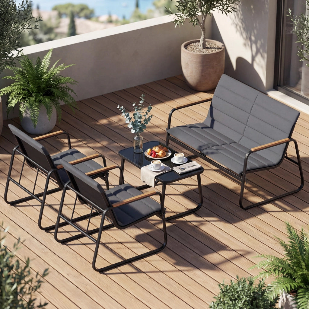 Mobili esterno 4 pz conversazione patio cuscini morbidi tavolino vetro temperato-Mobili sedie giardino veranda balcone giardino cortile