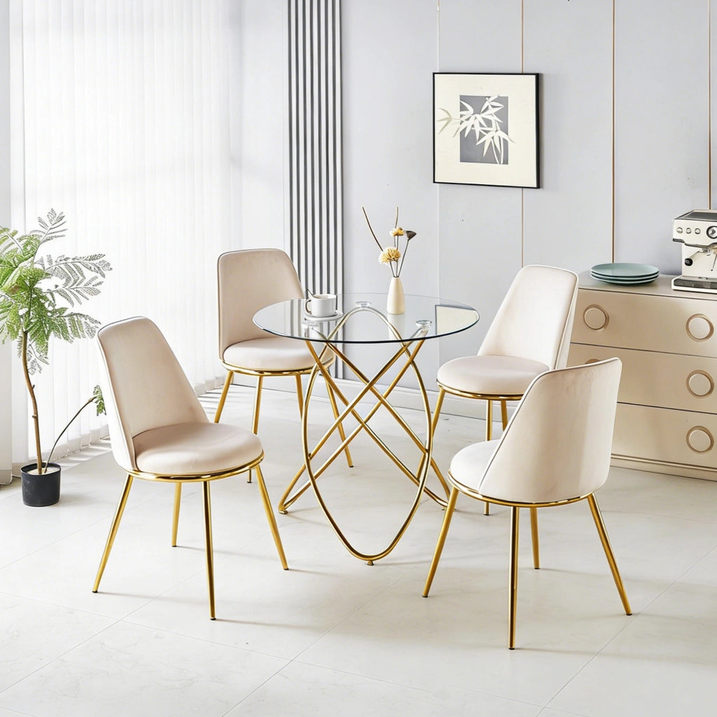Tavolo da pranzo con 4 sedie in velluto, schienale alto ergonomico e gambe dorate, per sala da pranzo, crema