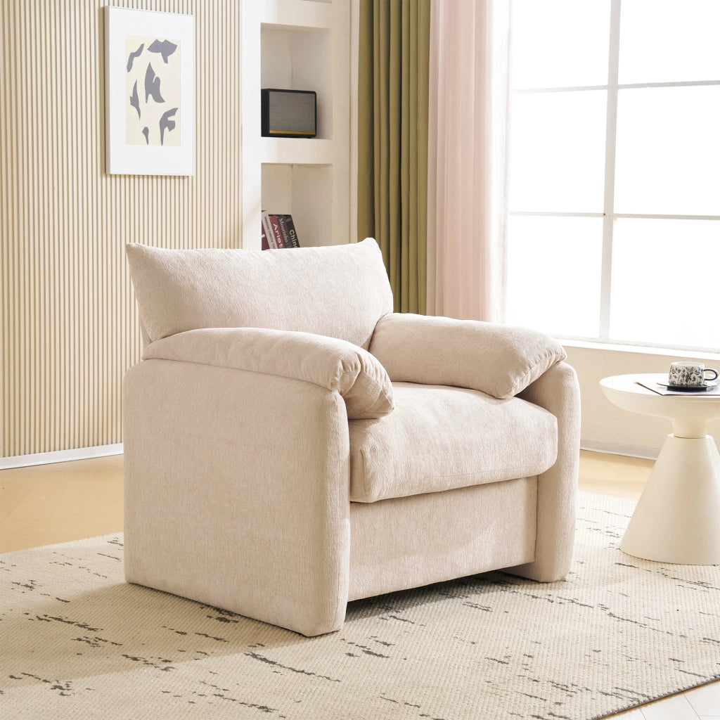 Poltrona singola in chenille con braccioli imbottiti; 96 cm; beige