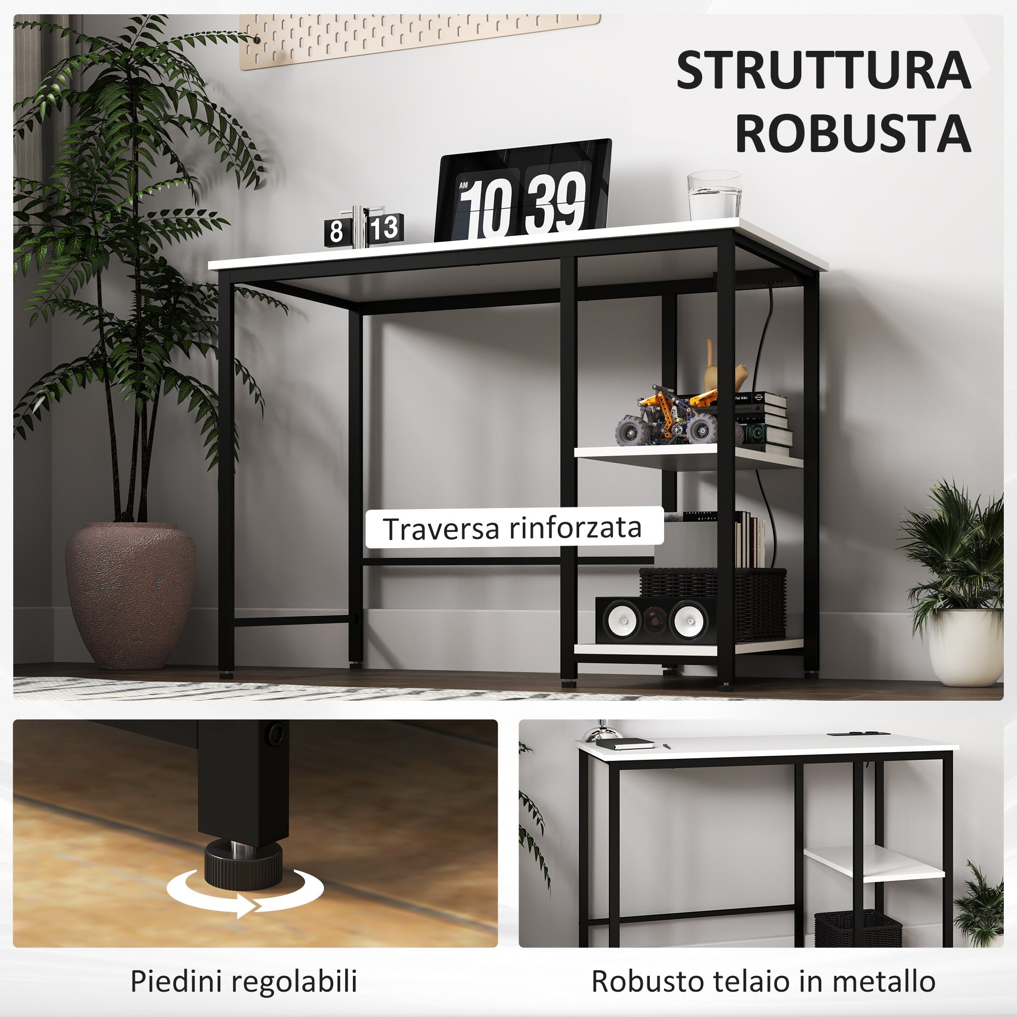 Scrivania per PC 100x50x75 cm Prese di Ricarica e Scaffali in Legno e Metallo Bianca e Nera