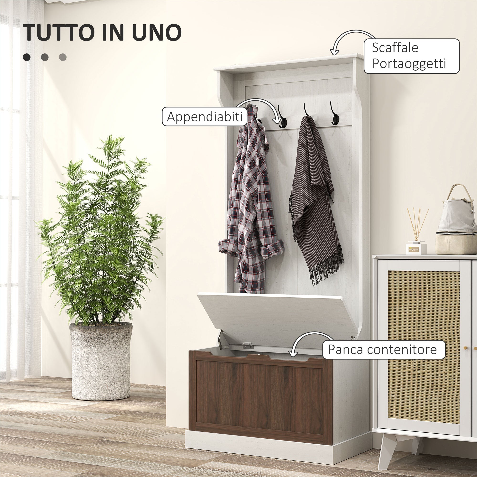 Mobile Appendiabiti 3 in 1 71,5x39,5x170 cm con 4 Ganci e Panca Contenitore in Legno Bianco