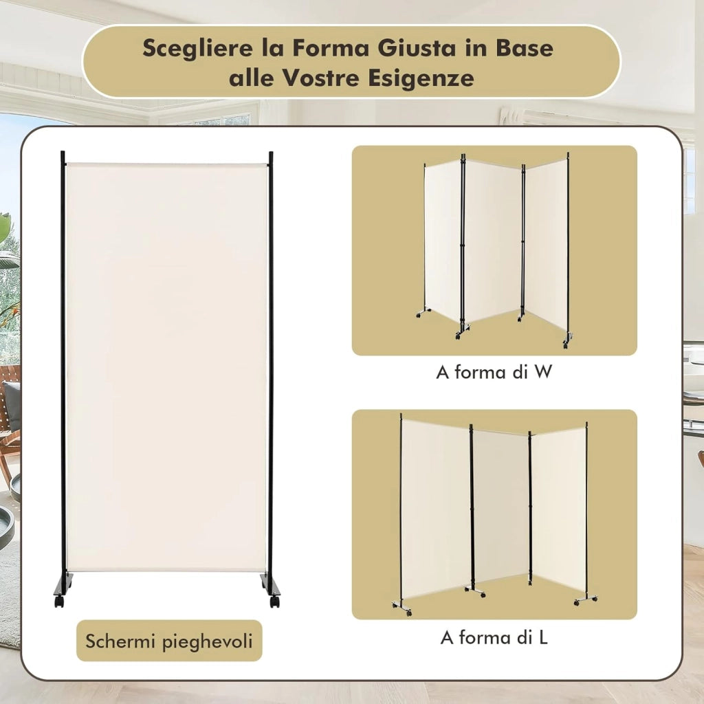 Paravento da Interno in Metallo, Separé Divisorio Interno Pieghevole con Piedini Stabili, Pannelli Divisori per Interni per Casa e Ufficio (Beige, 262 x 180 cm (3 Pannelli con ruote))