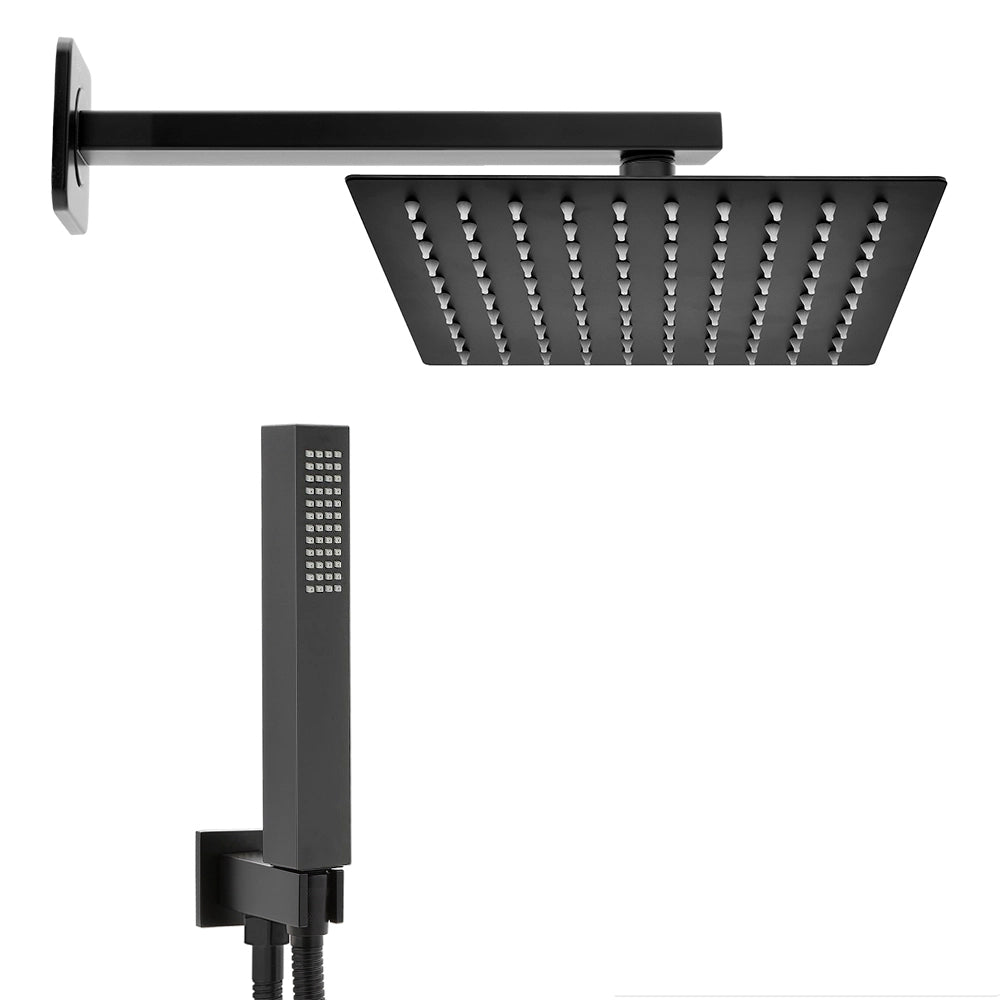Set doccia soffione quadrato 30x30cm in acciaio inox braccio 35cm e doccino completo nero opaco