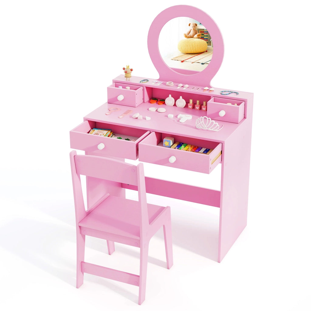 Set tavolo da trucco per bambini con specchio, Set da tavolo da trucco da gioco immaginario Rosa