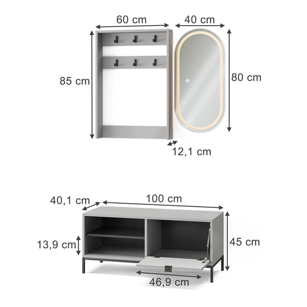 Armadio da ingresso Eliza Grigio 100 x 45 cm Set, 3 parti Vicco