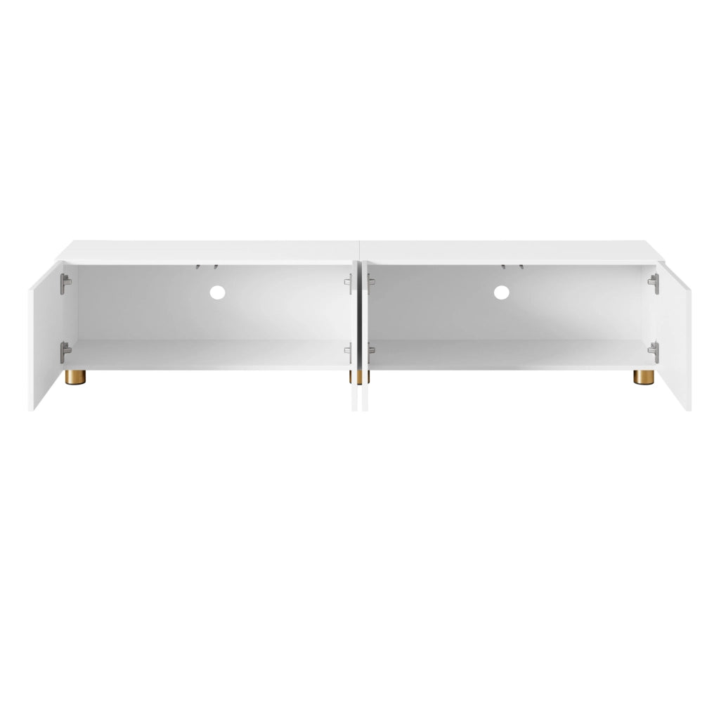 Mobile TV 180x35x40 cm con 4 ante e rilievo ad arco; MDF e pannello truciolare bianco
