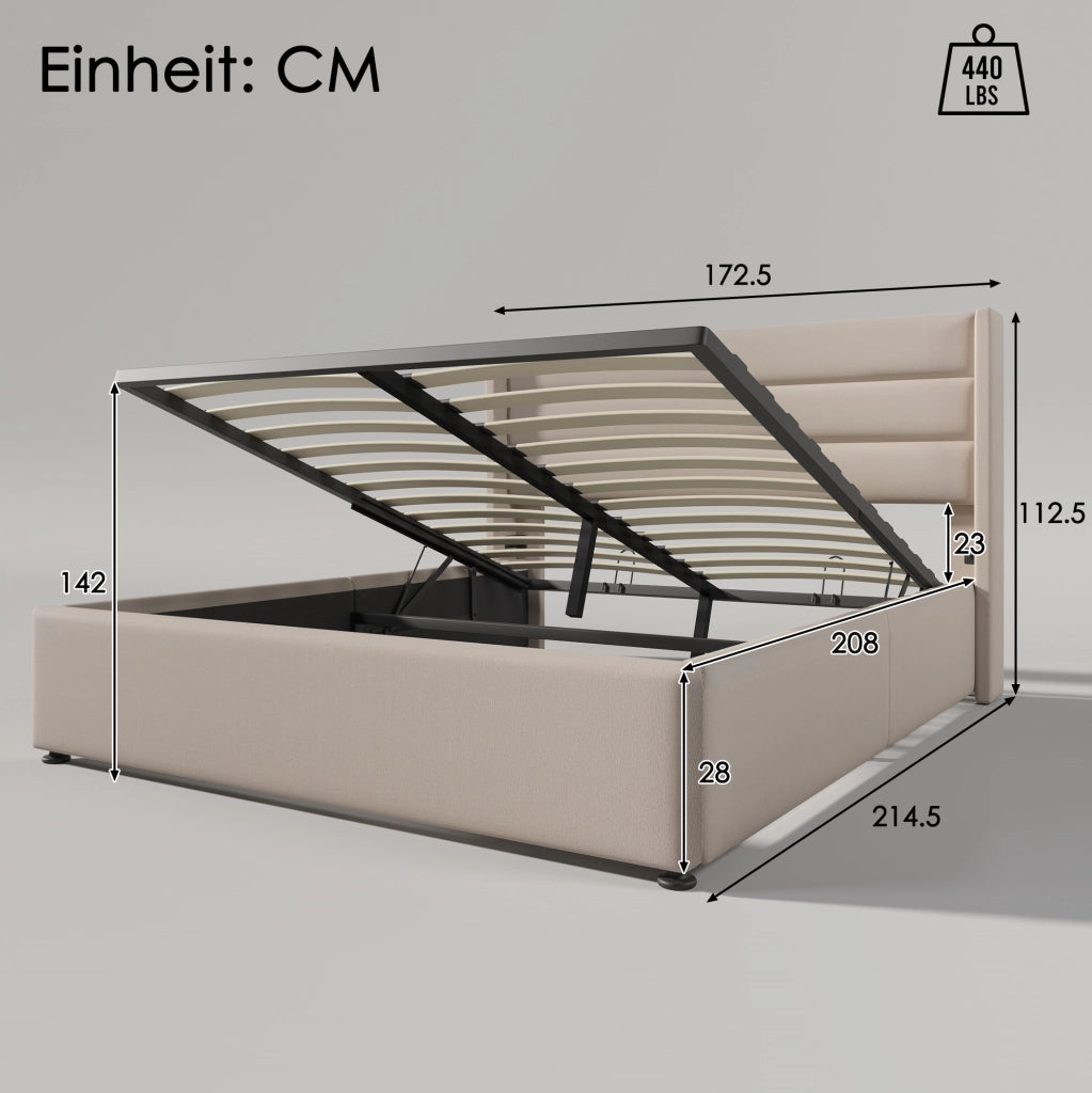 Letto matrimoniale imbottito 160x200 cm con contenitore e apertura idraulica; lino beige