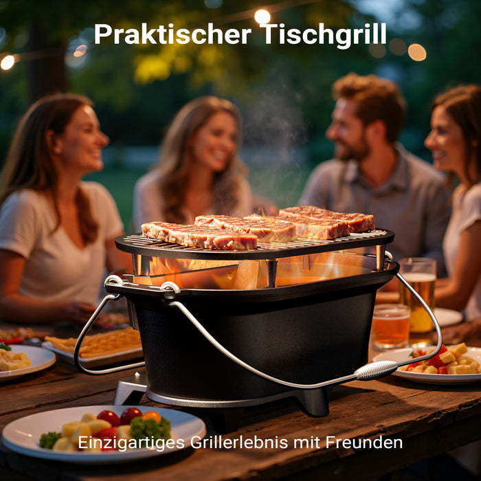 Pentola in ghisa con griglia, barbecue portatile a carbonella con sistema di aspirazione, 50x27x21 cm, griglia da campeggio