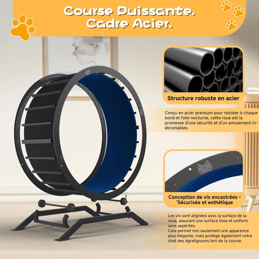 Ruota per gatti, ruota per esercizi per gatti, XL- 100 cm, ultra silenziosa con tappetino rimovibile, adesivi, sistema di bloccaggio, metallo, blu, regali per il vostro gatto