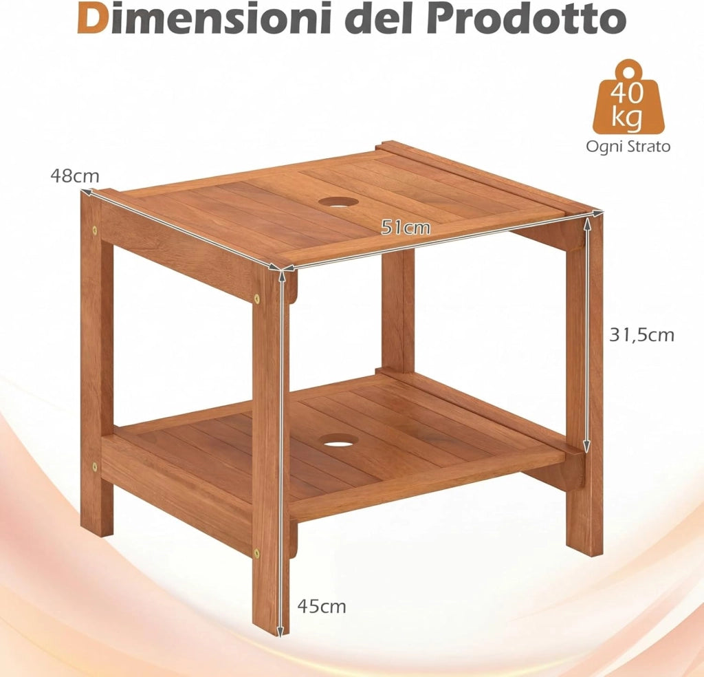 Tavolino da Esterno con Foro per Ombrellone 4 cm, Tavolo da Balcone in Legno Massello, a 2 Ripiani, Salvasapzio, per Giardino, Terrazzo, Cortile, Portata 40 kg, 51 x 48 x 45 cm