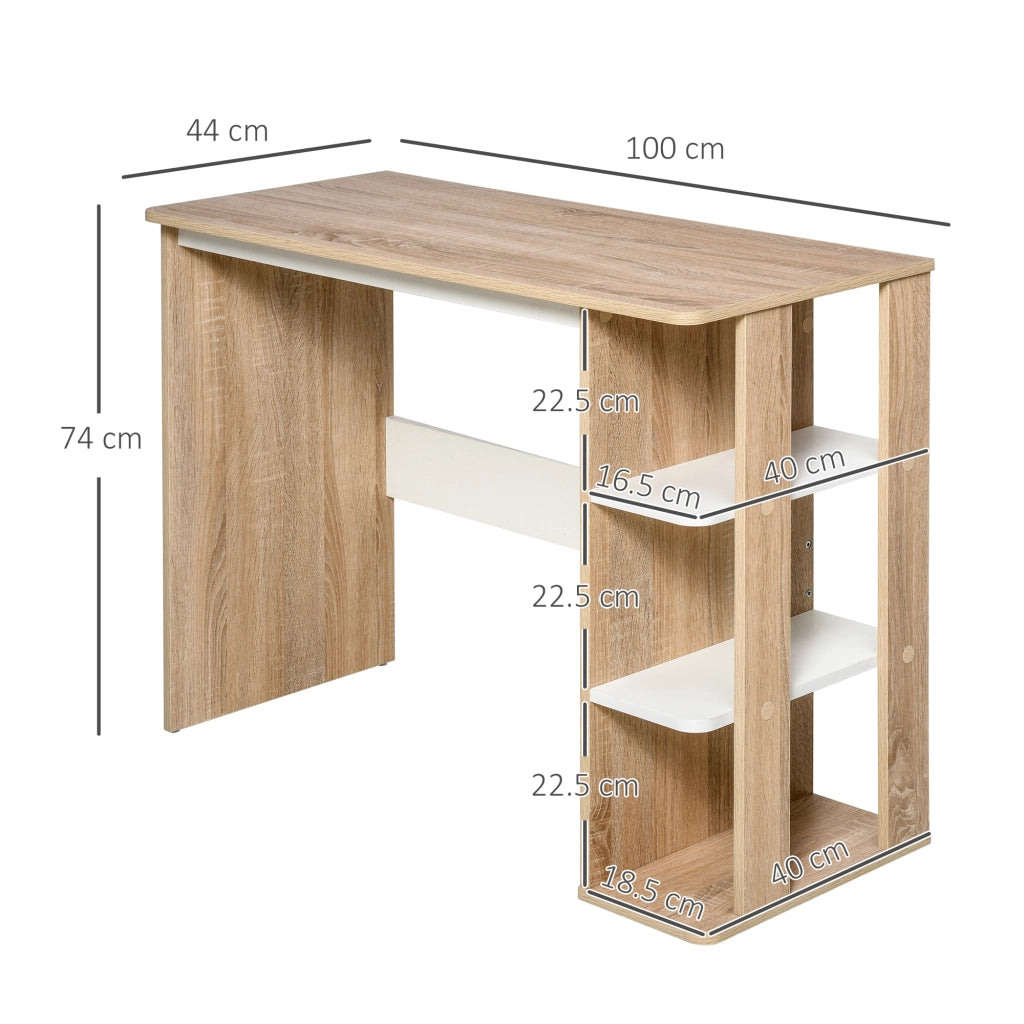 Scrivania Moderna in Legno con Scaffale a 3 Ripiani, 100x44x74cm, Bianco e Quercia