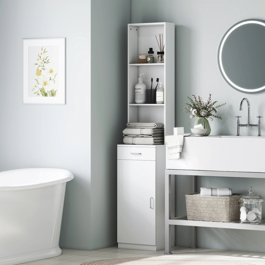 Armadietto Bagno Alto Stretto con Cassetti e Ripiani ¨C zephmum ¨C Bianco Truciolato 30x30x
